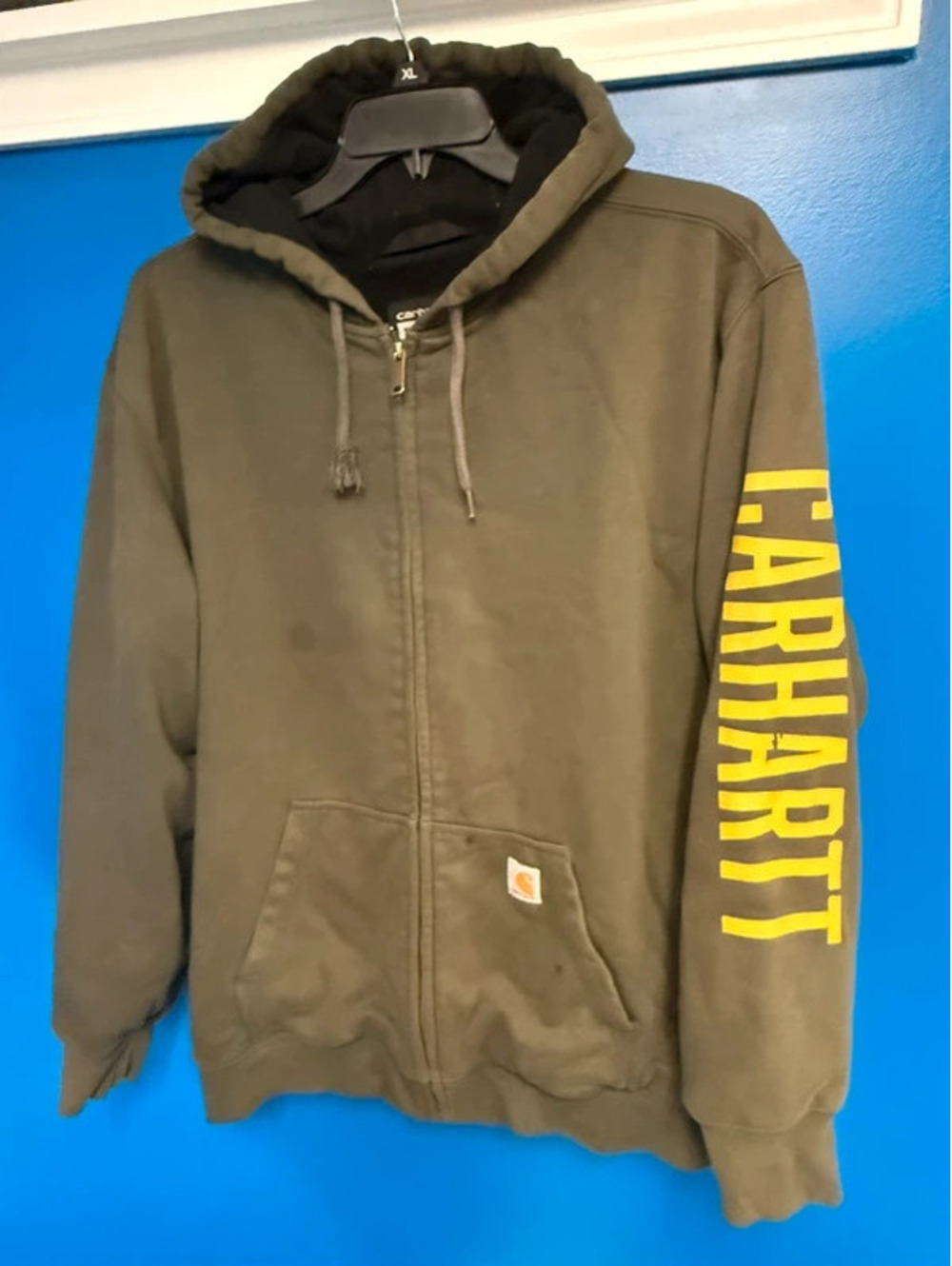 Carhartt Men XL Olive Moss Green Full Zip Sherpa Lined Sleeve Logo Hoodie Jacket